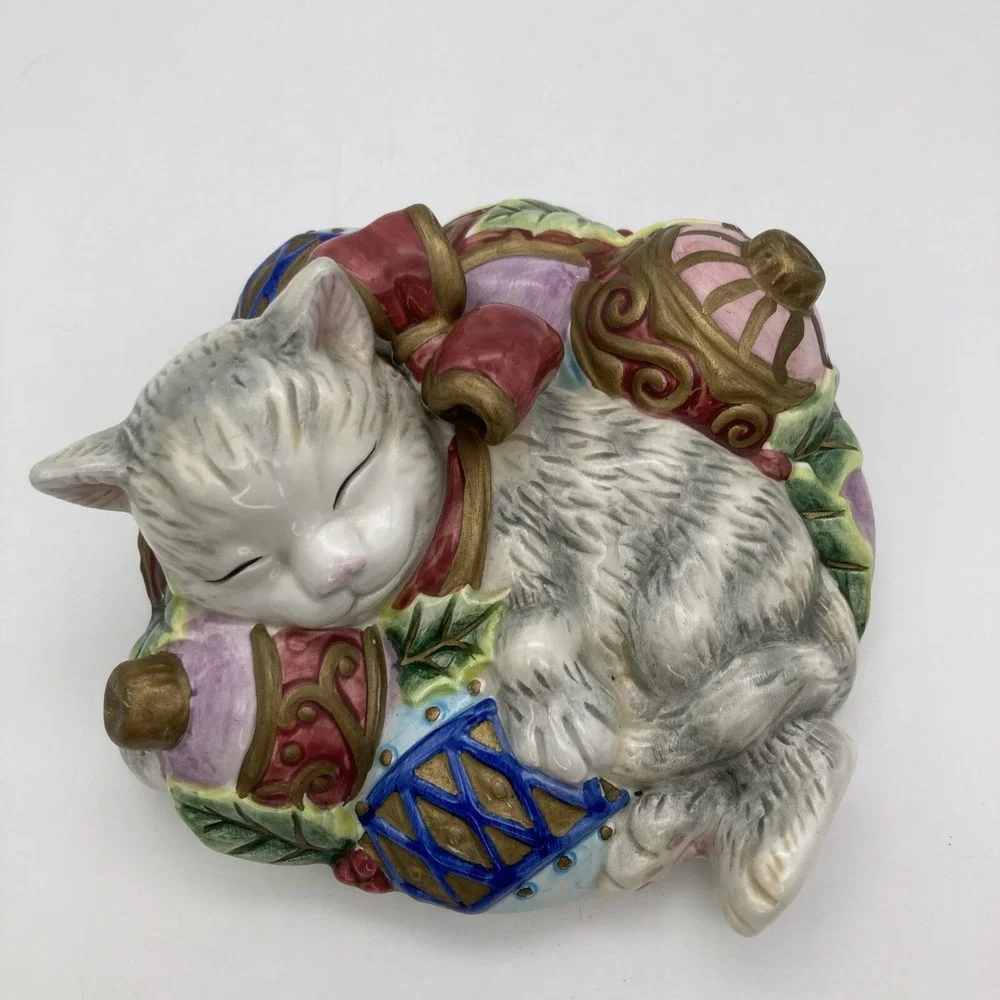 Fitz &Floyd Christmas Kitty In Bowl Lidded Footed Bowl Ornaments Candy 2005